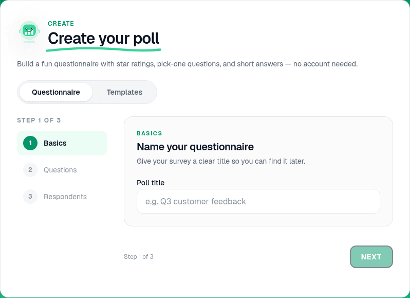 The Create your poll panel on the PollsLive home page, showing the Questionnaire and Templates tabs and step 1 of 3, Basics, with a Poll title field.