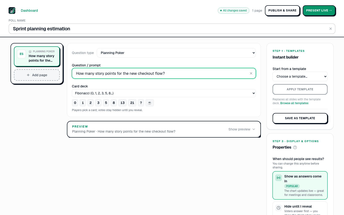 The PollsLive editor with a Planning Poker question, a Card deck dropdown set to Fibonacci showing the cards 0, 1, 2, 3, 5, 8, 13, 21, question mark and coffee, and a note that votes stay hidden until you reveal.