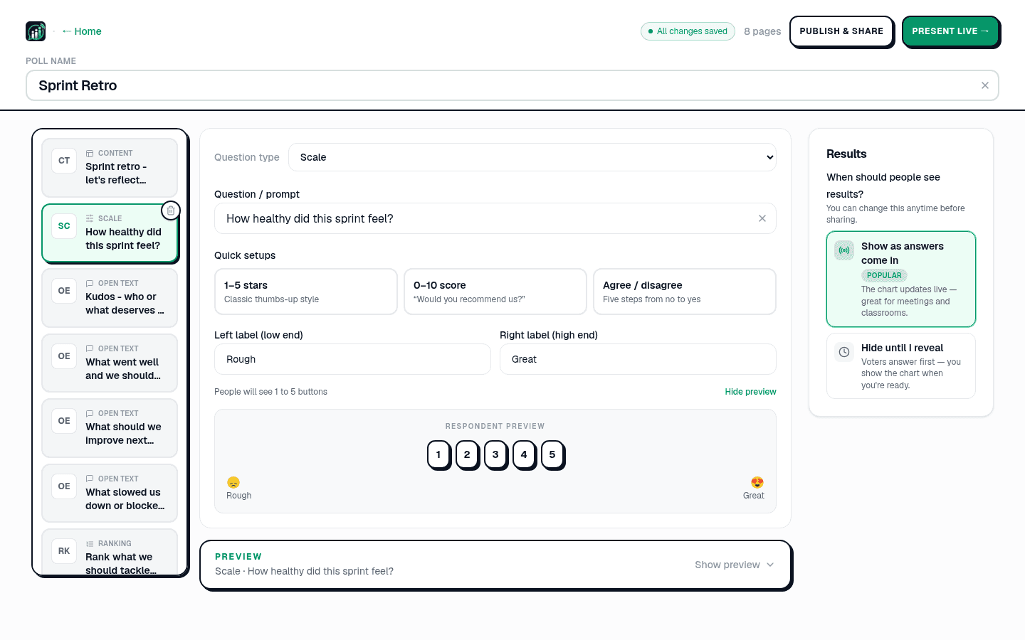 The PollsLive editor showing the pages list on the left, a Scale question selected with quick setups for 1 to 5 stars, 0 to 10 score and Agree or disagree, left and right labels, a live respondent preview, and the results-display picker on the right.