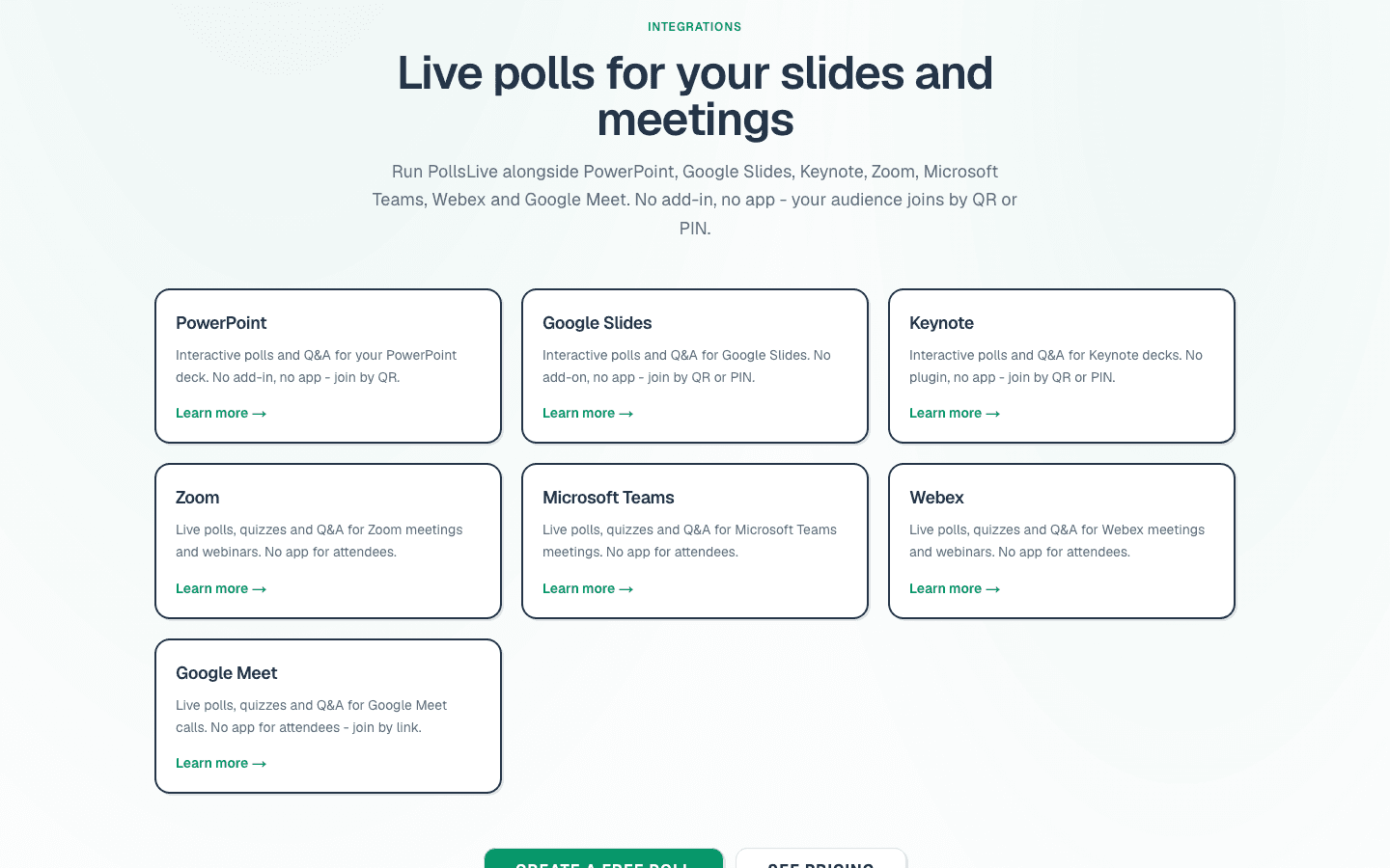 The PollsLive integrations page with PowerPoint, Google Slides, Keynote, Zoom, Microsoft Teams, Webex, and Google Meet companions.