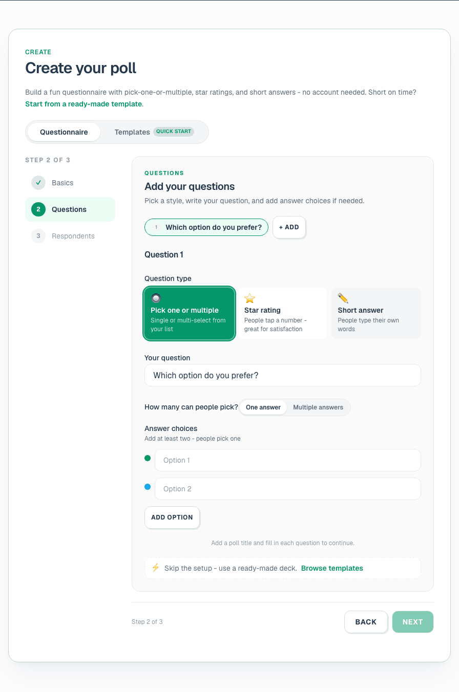 The questionnaire builder on step 2 with the question-type picker (pick one, star rating, short answer) and answer choices.