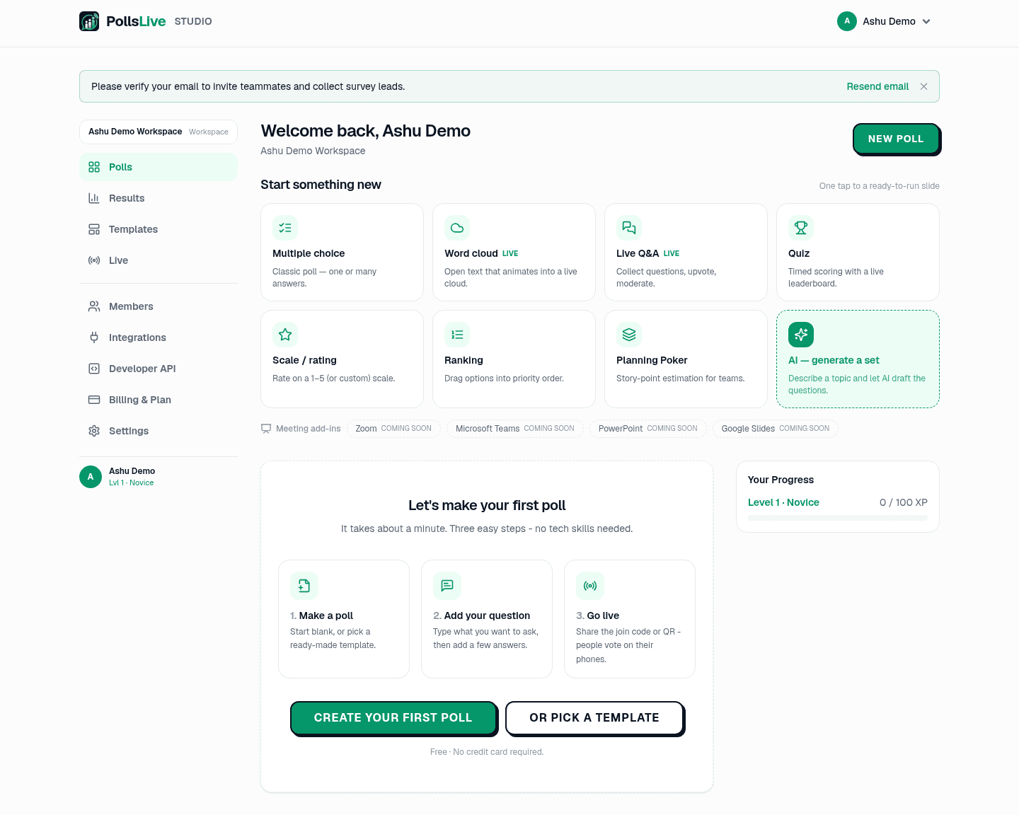 The PollsLive Studio dashboard Start something new grid showing Multiple choice, Word cloud, Live Q&A, Quiz, Scale rating, Ranking, Planning Poker, and an AI generate option.