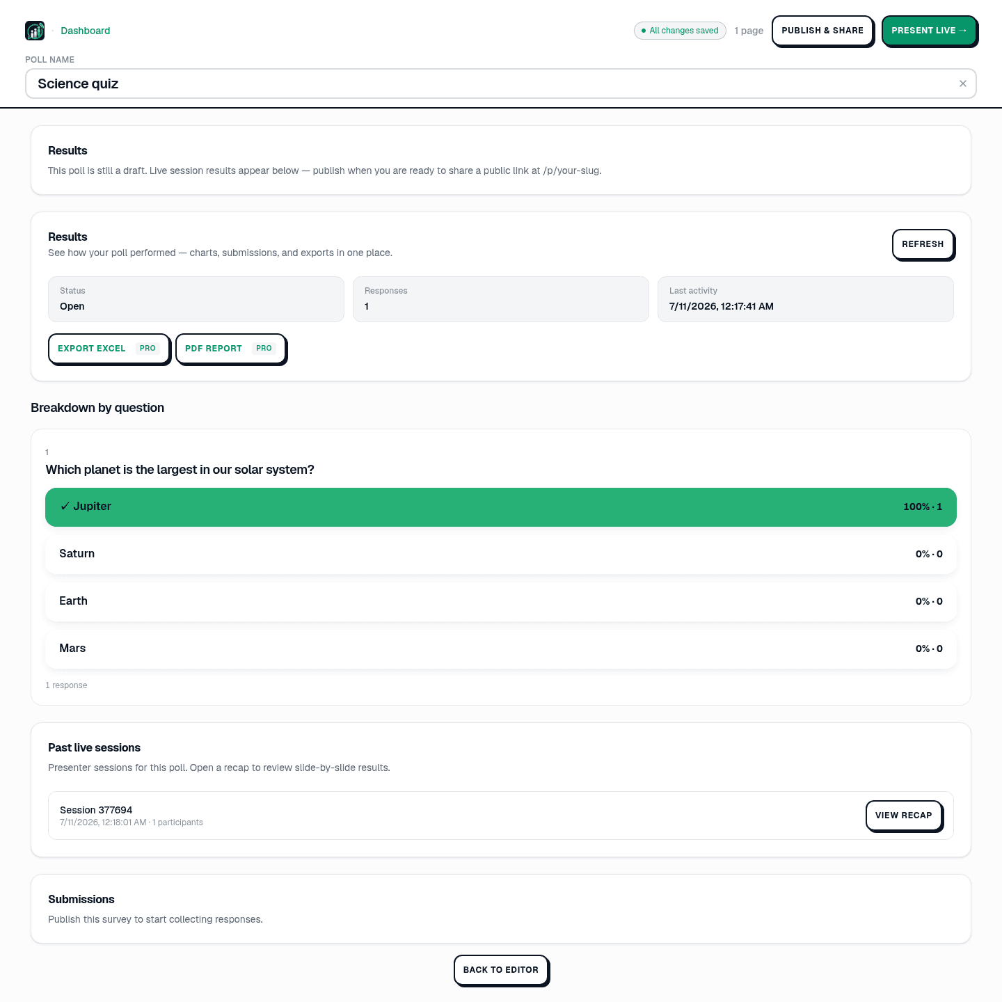 The PollsLive results panel showing Status, Responses and Last activity tiles, Export Excel and PDF report buttons marked Pro, a Breakdown by question with the correct answer highlighted, and a Past live sessions list.