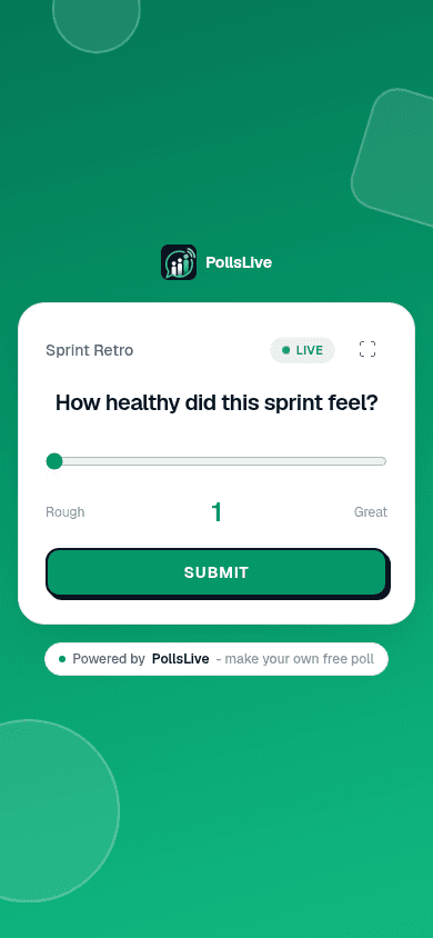 A phone showing a single live question with a Submit button, illustrating how a participant answers before results are shown.
