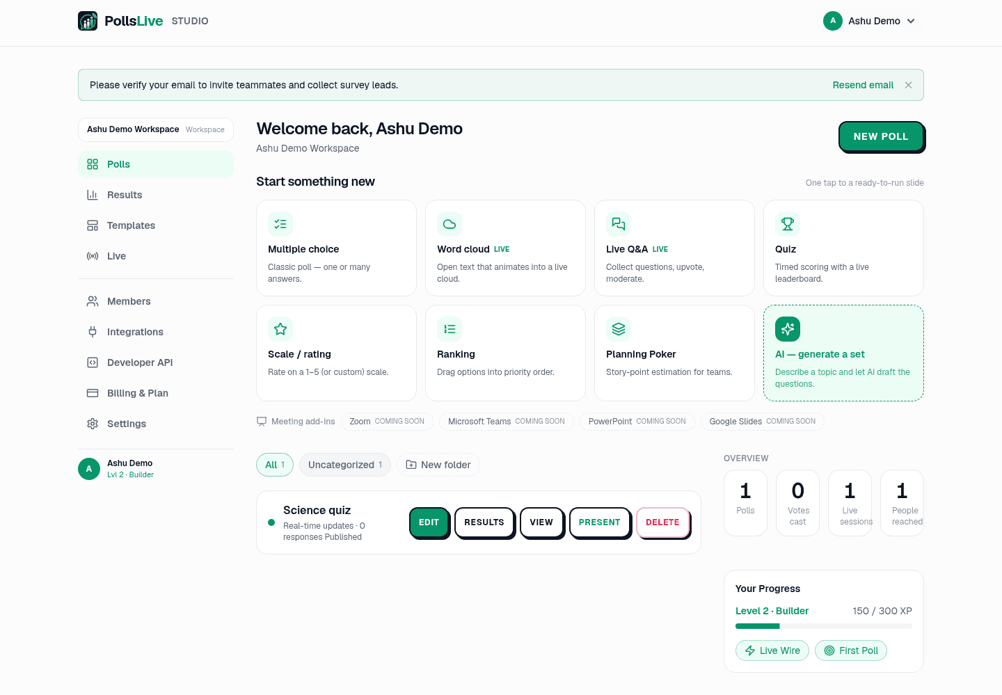 The PollsLive Studio dashboard showing folder tabs (All, Uncategorized, New folder), a poll row with Edit, Results, View and Present actions, and an Overview panel with poll and session counts.