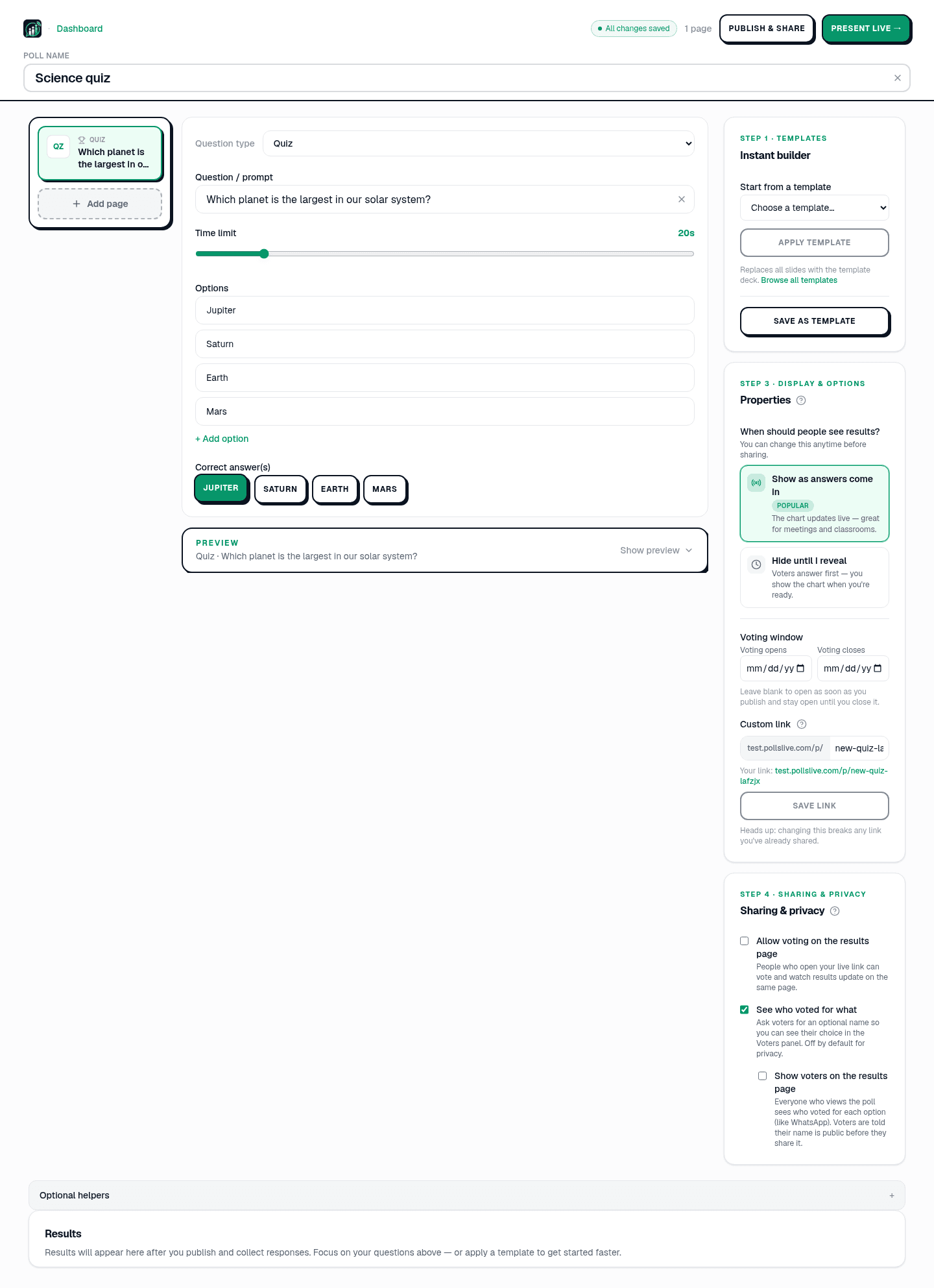 The PollsLive Studio editor with the right-hand panel showing the Instant builder with a Start from a template dropdown, an Apply template button, and a Save as template button.