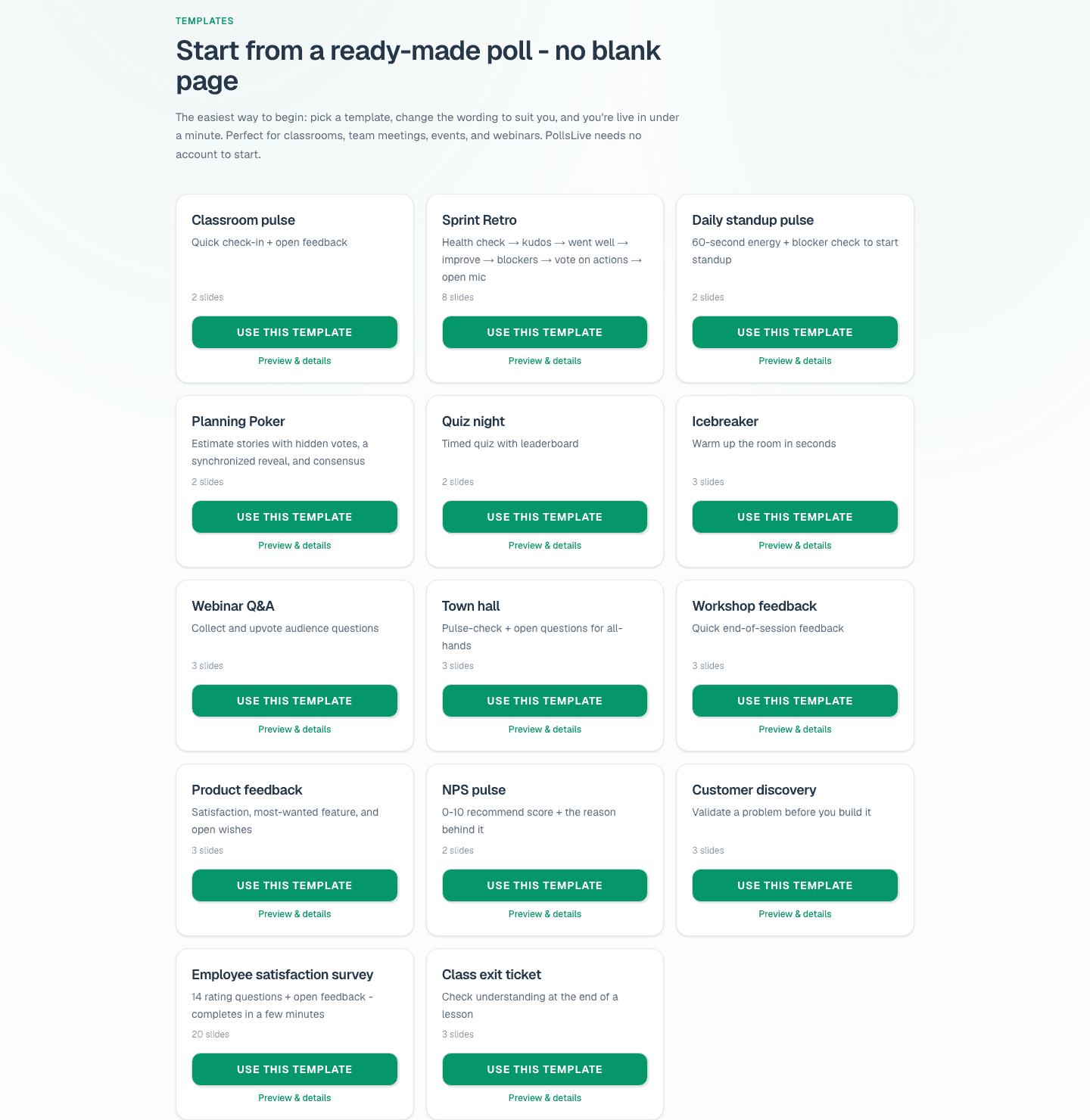 The PollsLive templates gallery with ready-made polls for classrooms, teams, events, and webinars.